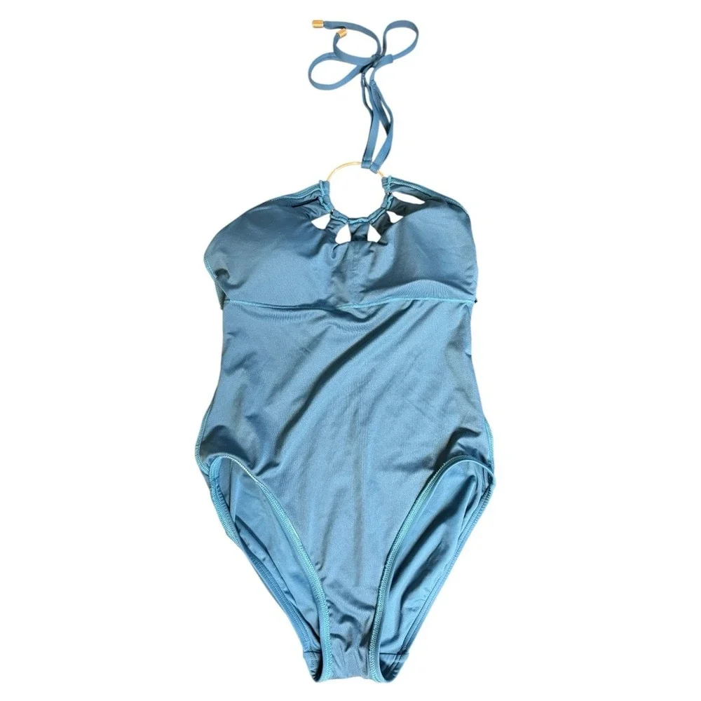 Vince Camuto Womens Serengeti Shades Swimsuit 4 Aqua Ring Halter Top One Piece - Picture 7 of 8